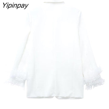 Yipinpay 2023 Women Feather Blazer Jackets Spring Autumn Notched Office Outfits Pockets Coats Single Button Long Sleeve Chic Outwear